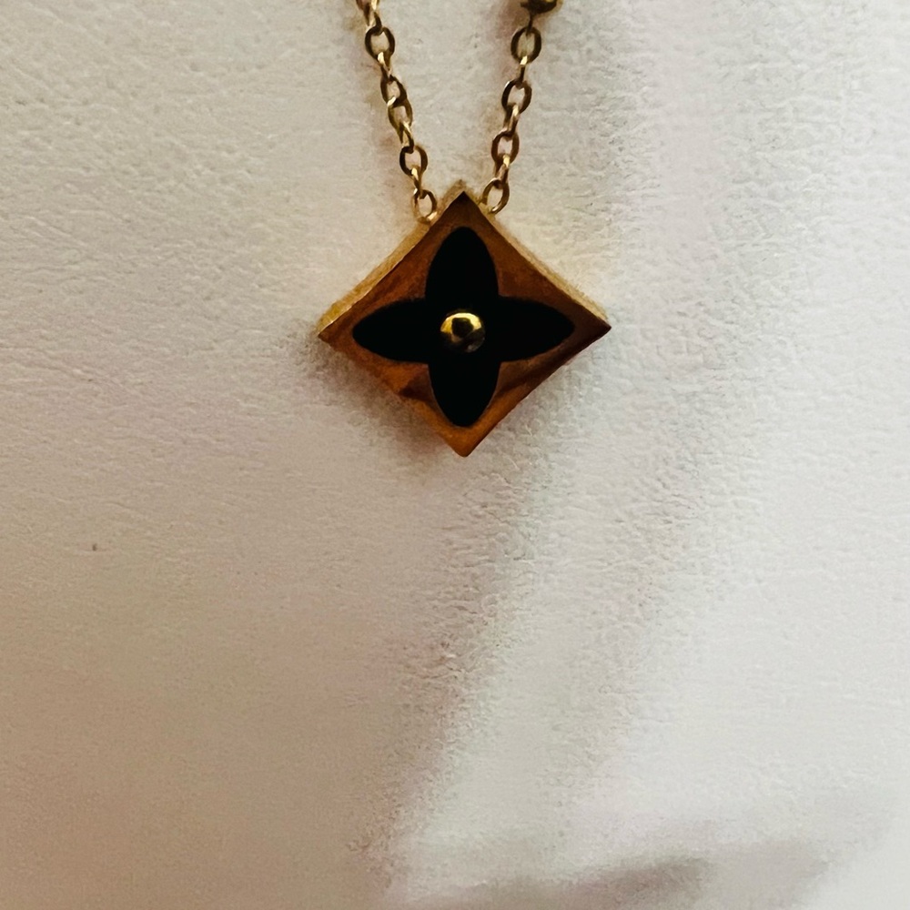 Gold-Tone Black Floral Pendant Necklace - Women Jewelry - Picture 5 of 7